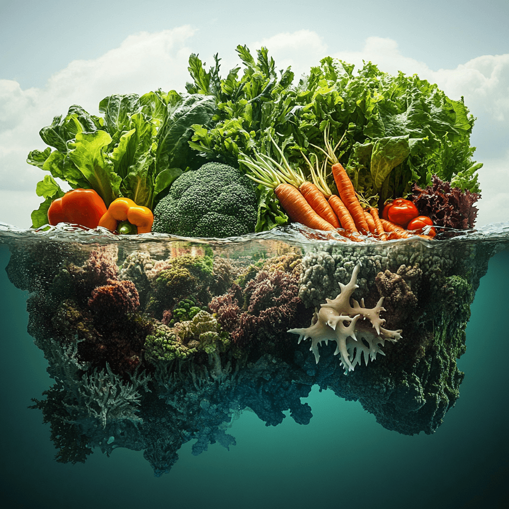 An array of vibrant vegetables and marine plants displayed horizontally, with the marine plants partially submerged underwater, symbolizing the blend of land and sea ingredients in everyday health.