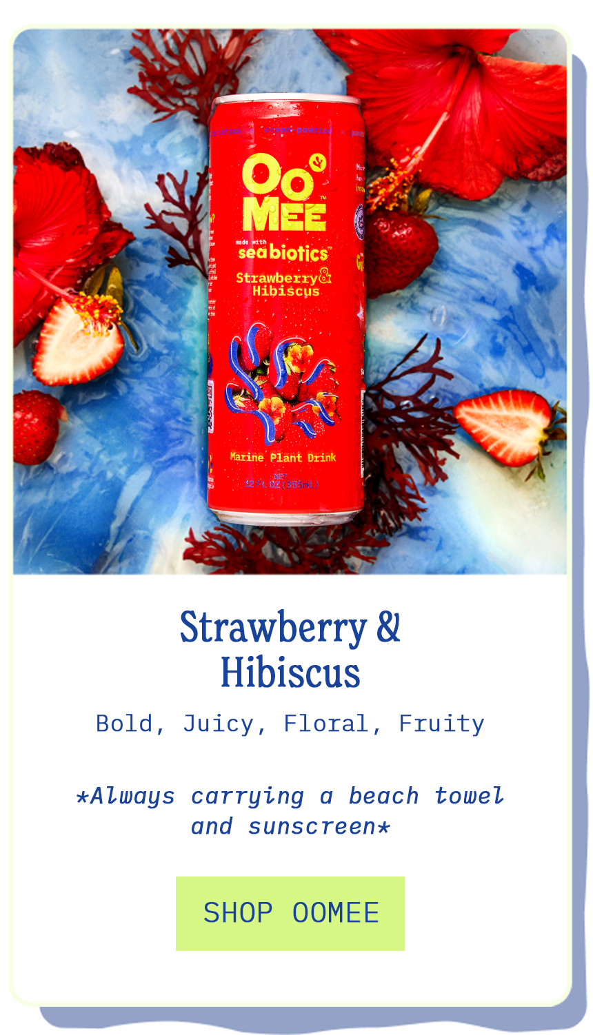 OoMee Strawberry & Hibiscus marine plant drink can placed on a vibrant blue background with strawberries, hibiscus petals, and red seaweed, evoking a bold and tropical vibe.