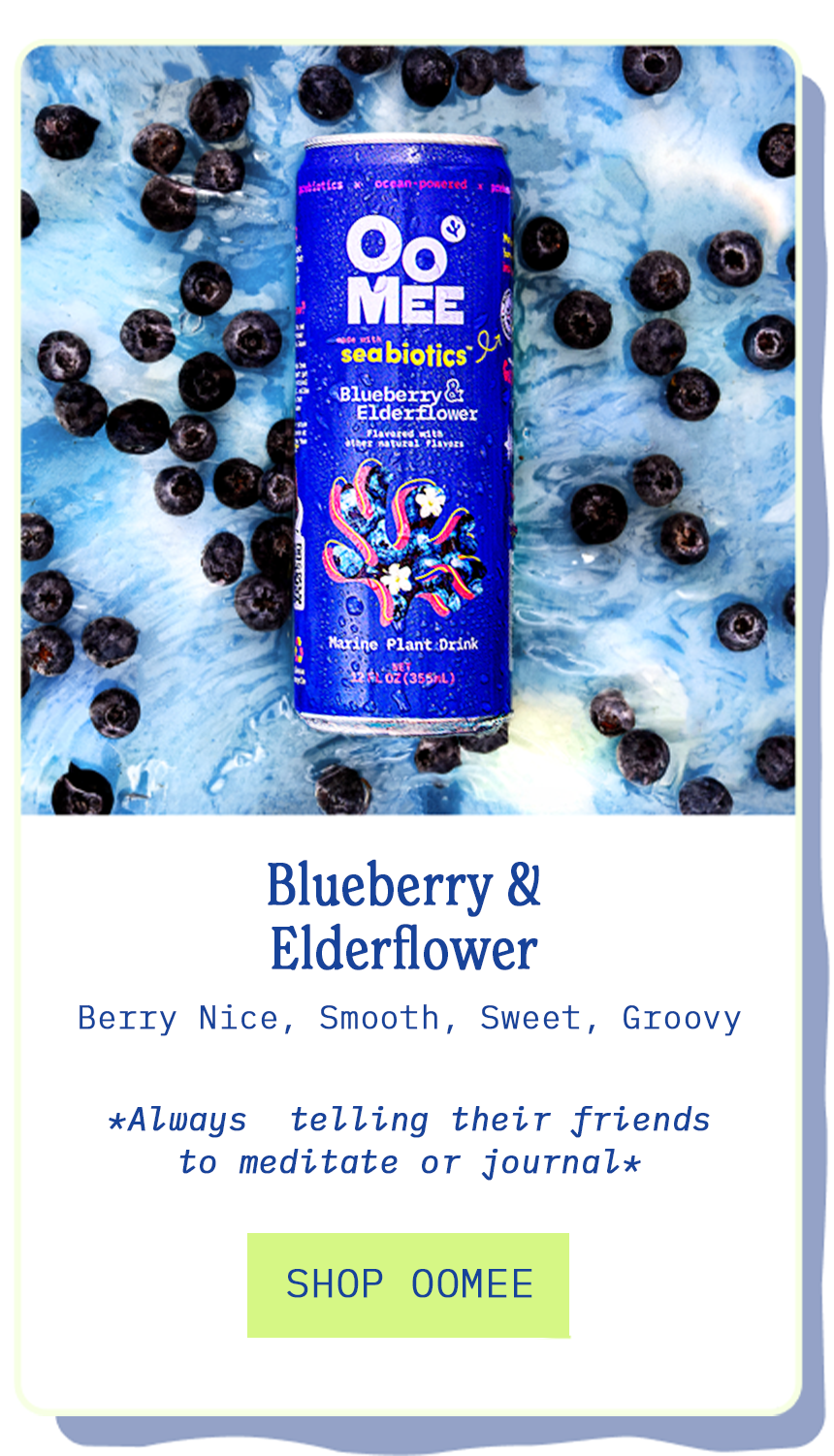 OoMee Blueberry & Elderflower marine plant drink can on a textured blue background with blueberries and seaweed, featuring flavor notes and a playful description encouraging mindfulness.