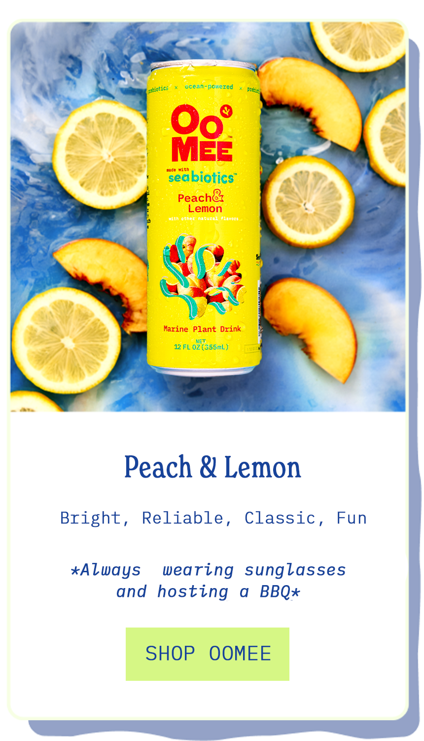 OoMee Peach & Lemon marine plant drink can surrounded by sliced lemons and peach wedges on a vibrant blue background, featuring bright and playful product traits.