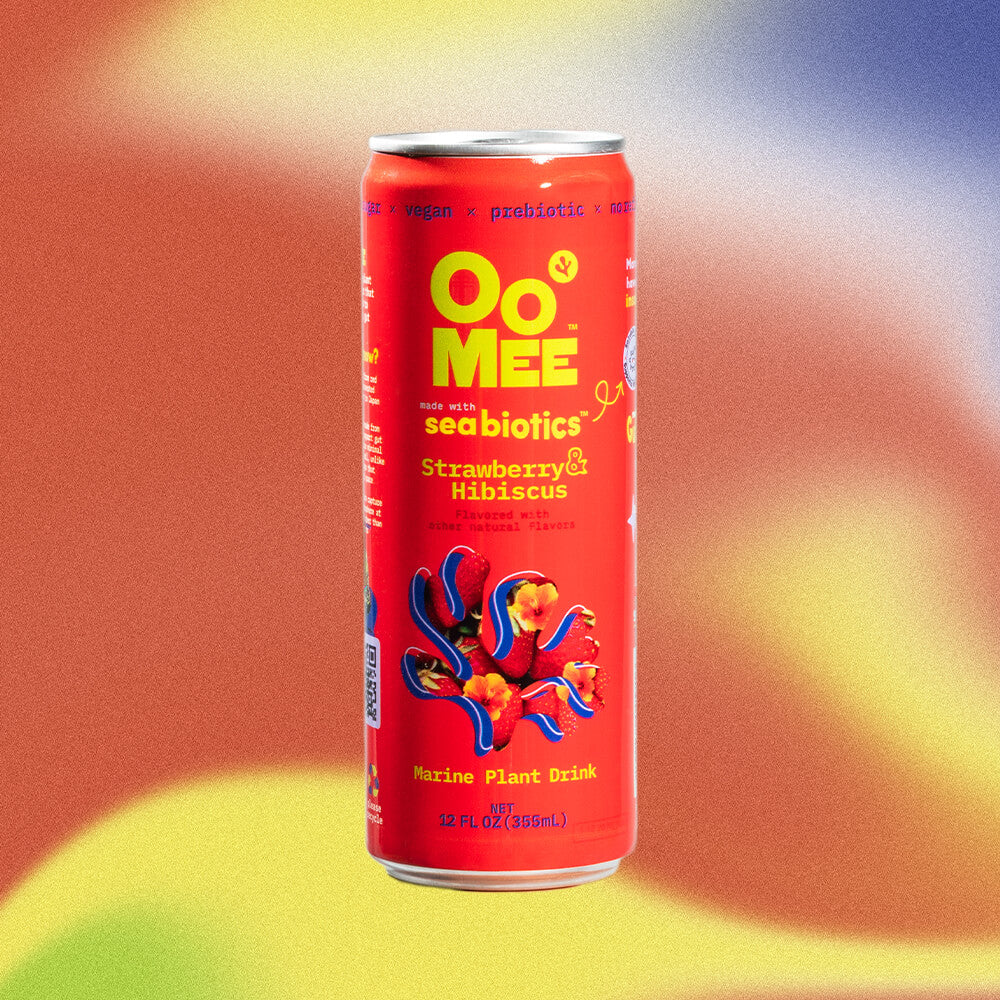 OoMee Strawberry & Hibiscus Ready-to-Drink Marine Plant Beverage with Seabiotics™ - Vegan, Prebiotic, Low-Sugar Drink in a 12 oz Can. Marine-Based Nutrition for Gut Health and Craving Control, Flavored with Natural Strawberry and Hibiscus.