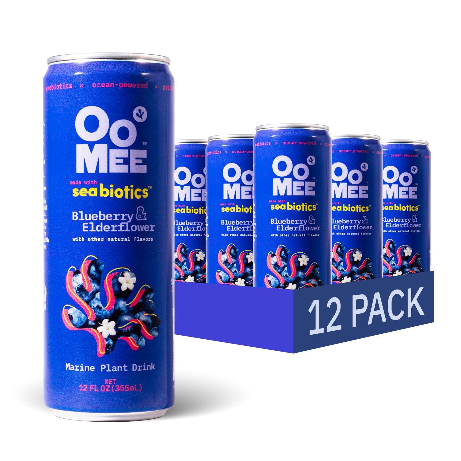 OoMee Seabiotics™ Blueberry & Elderflower 12-pack featuring ocean-powered marine plant-based drinks in bold blue cans, packed with prebiotics and natural flavors.