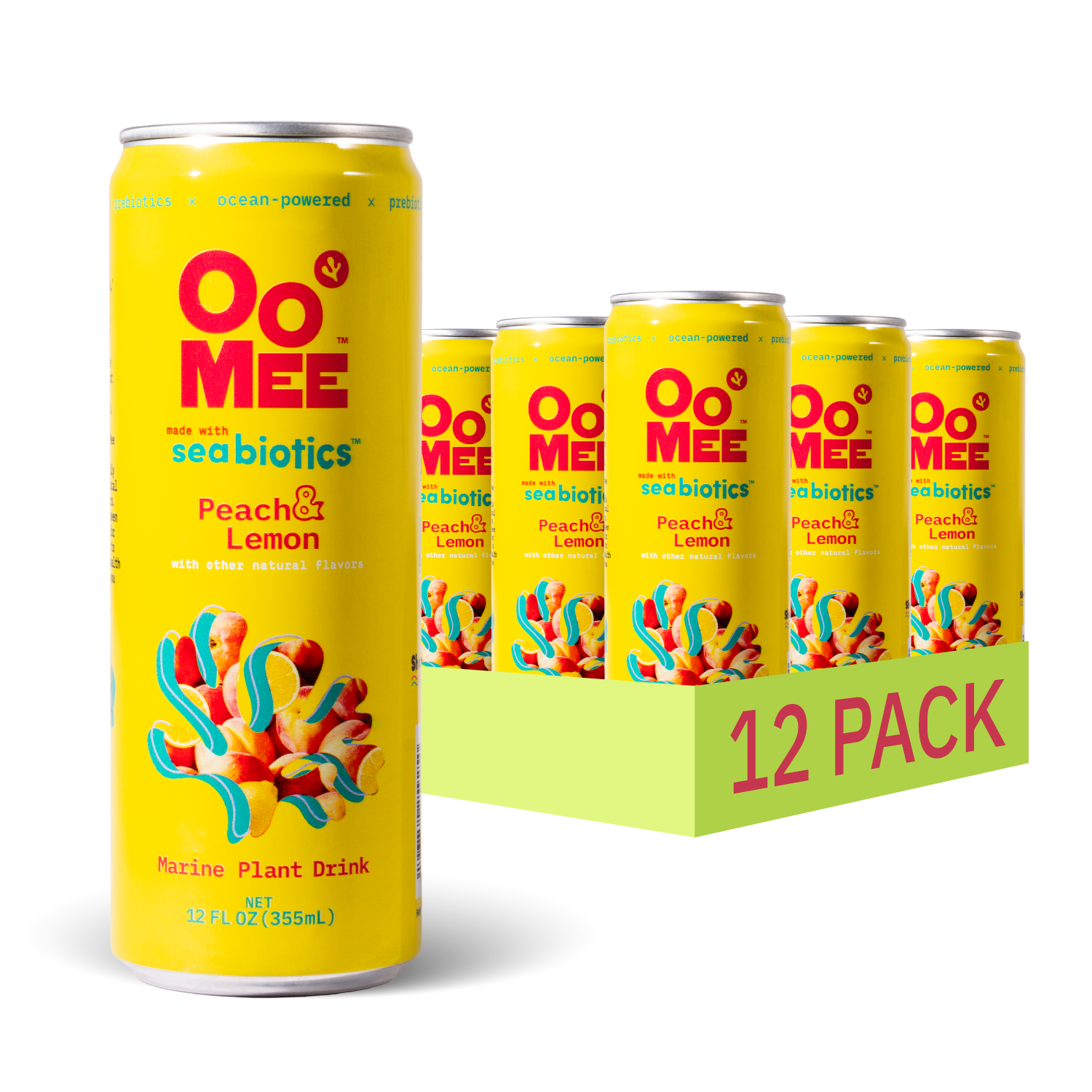 OoMee Seabiotics™ Peach & Lemon 12-pack featuring bright yellow marine plant-based drinks, packed with prebiotics, ocean-powered nutrients, and natural fruit flavor.