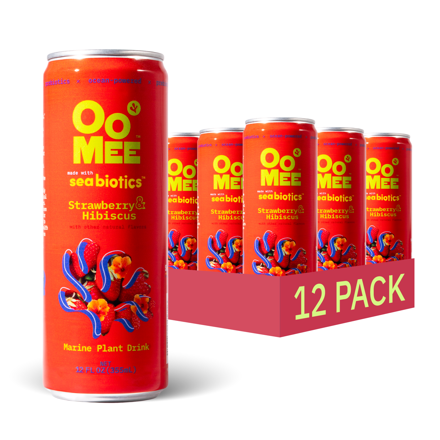 OoMee Seabiotics™ Strawberry & Hibiscus 12-pack featuring vibrant red cans of marine plant-based drinks, enriched with ocean-powered nutrients and natural flavors.