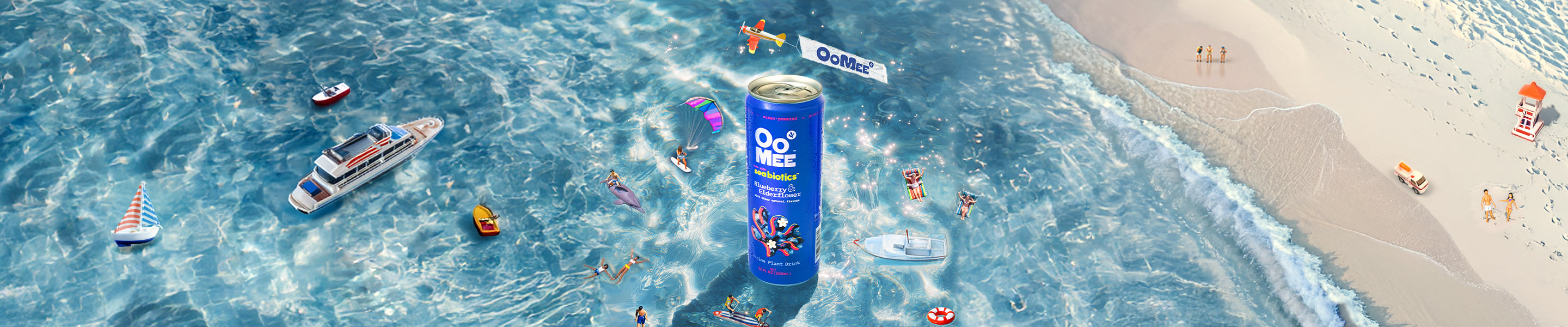 A can of Blueberry & Elderflower OoMee floats in the ocean surrounded by mini beachgoers, boats, swimmers, and a banner plane overhead. A sandy beach with sunbathers and lifeguard tower appears in the background.