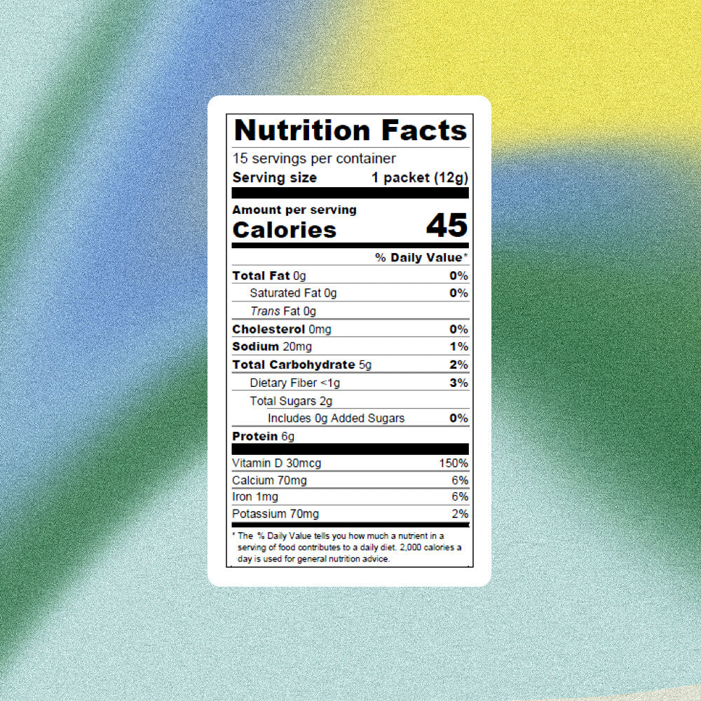 OoMee Marine Greens 15-Serving Stick Pack Nutrition Facts Label on Blue, Green, and Yellow Gradient Background - Marine-Based, Greens Powder with Low Calories and Nutrient-Rich Ingredients for Gut Health.