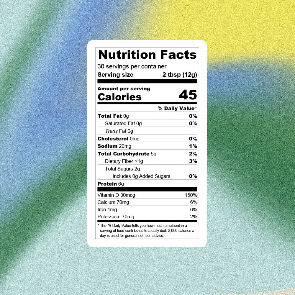 OoMee Marine Greens 30-Day Serving Nutrition Facts Label on Blue, Green, and Yellow Gradient Background - Marine-Based, Green Powder for Gut Health and Nutrition.