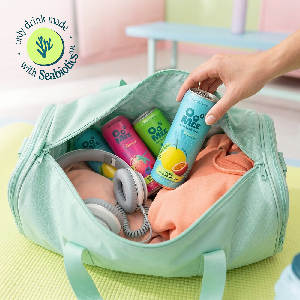fruit infused matcha beverage with marine fiber seabiotics ooMee cans in gym bag ready to drink matcha on the go