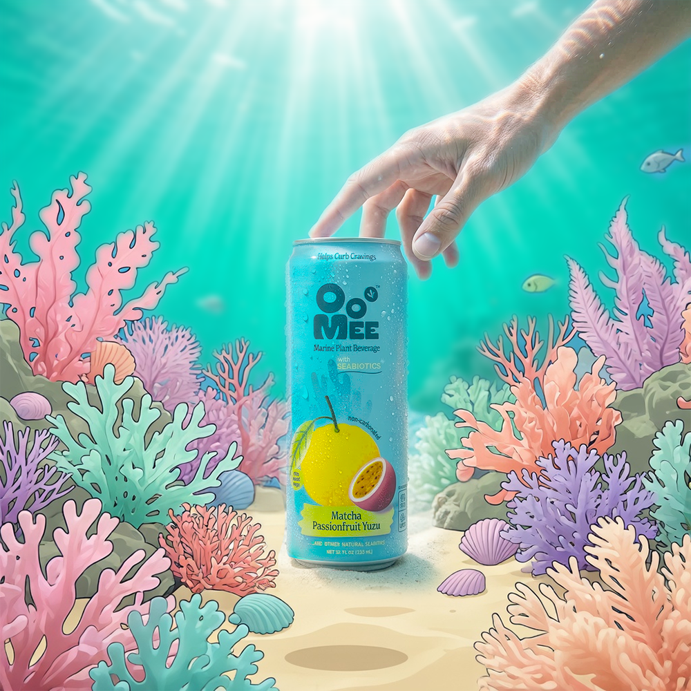 matcha passionfruit yuzu beverage with marine fiber seabiotics ooMee can in ocean coral underwater scene