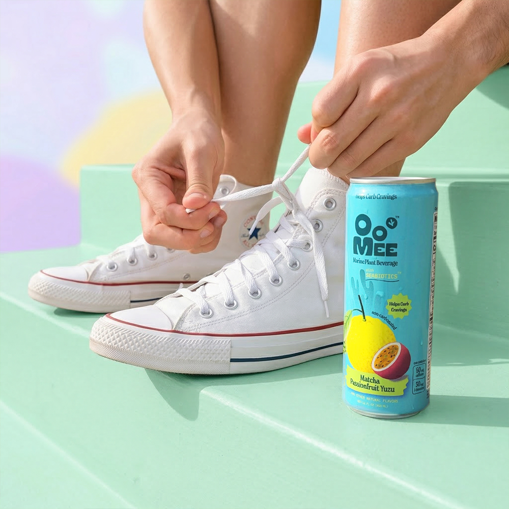 ready to drink matcha beverage with marine fiber seabiotics ooMee passionfruit yuzu matcha drink for active lifestyle