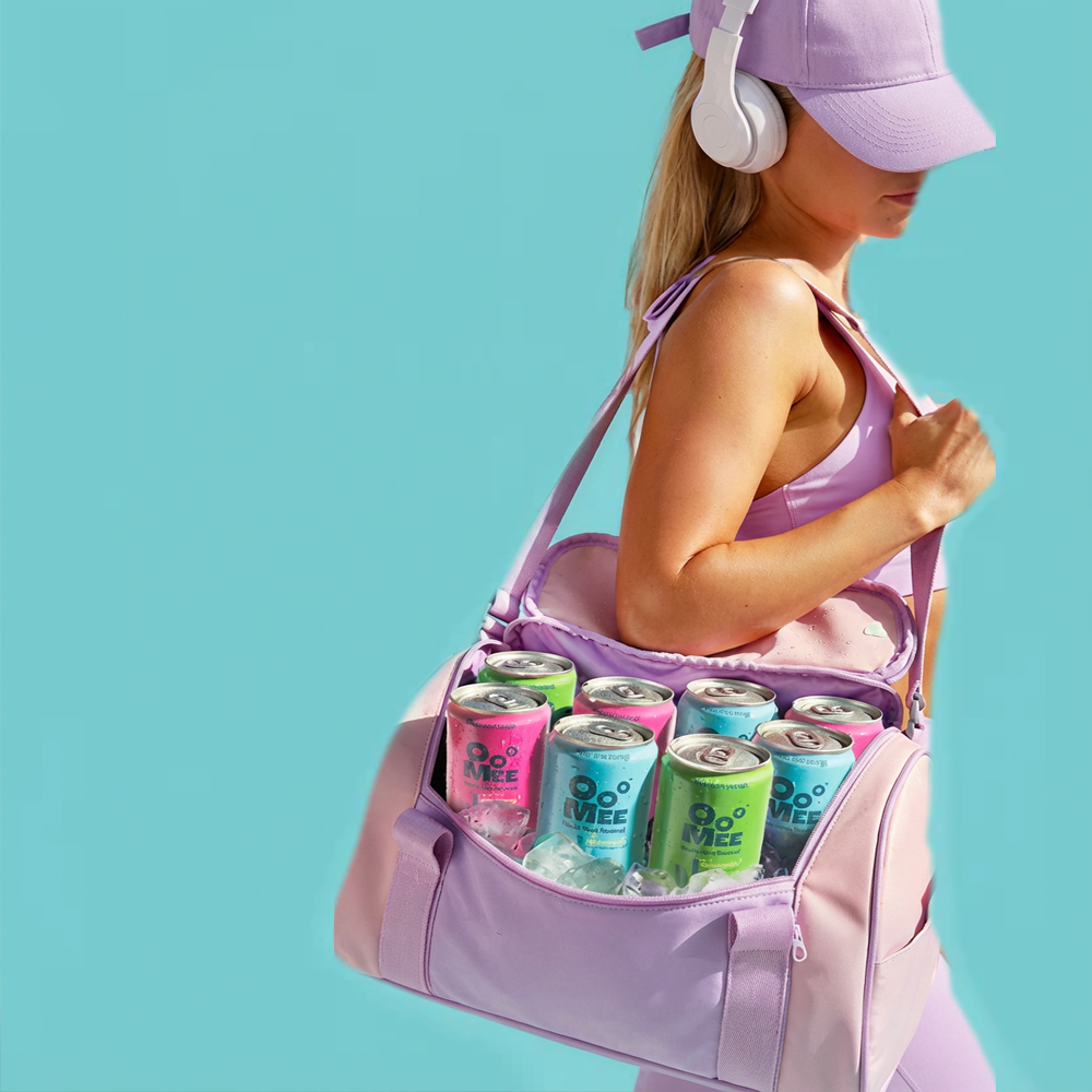 fruit infused matcha beverage multi pack with marine fiber seabiotics ooMee cans in gym bag on the go