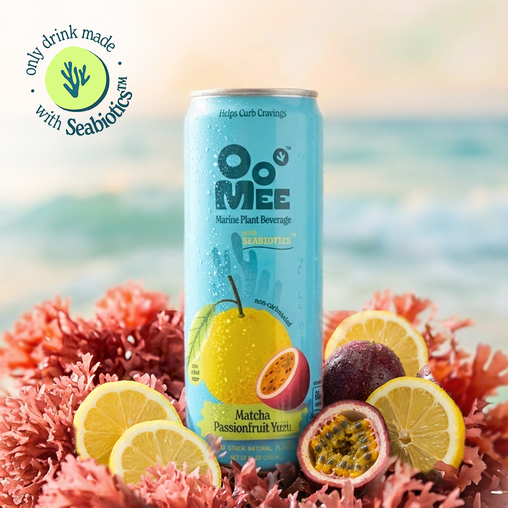 matcha passionfruit yuzu beverage with marine fiber seabiotics ooMee ready to drink matcha with citrus and fruit