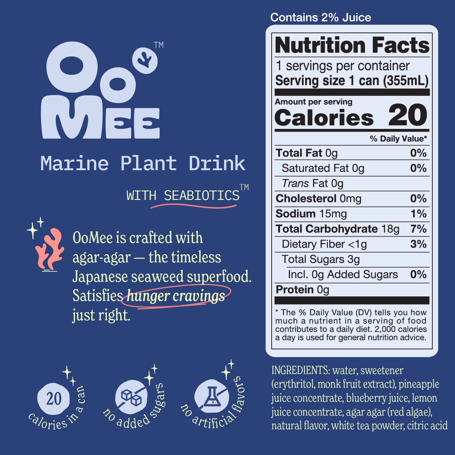 OoMee Marine Plant Drink nutrition panel and product highlights on a navy blue background. The left side features branding with the OoMee logo and the phrase “Marine Plant Drink with Seabiotics™.” Below it reads: “OoMee is crafted with agar-agar — the timeless Japanese seaweed superfood. Satisfies hunger cravings just right,” with “hunger cravings” circled. Three icons state: 20 calories in a can, no added sugars, no artificial flavors. The right side includes a standard Nutrition Facts panel 