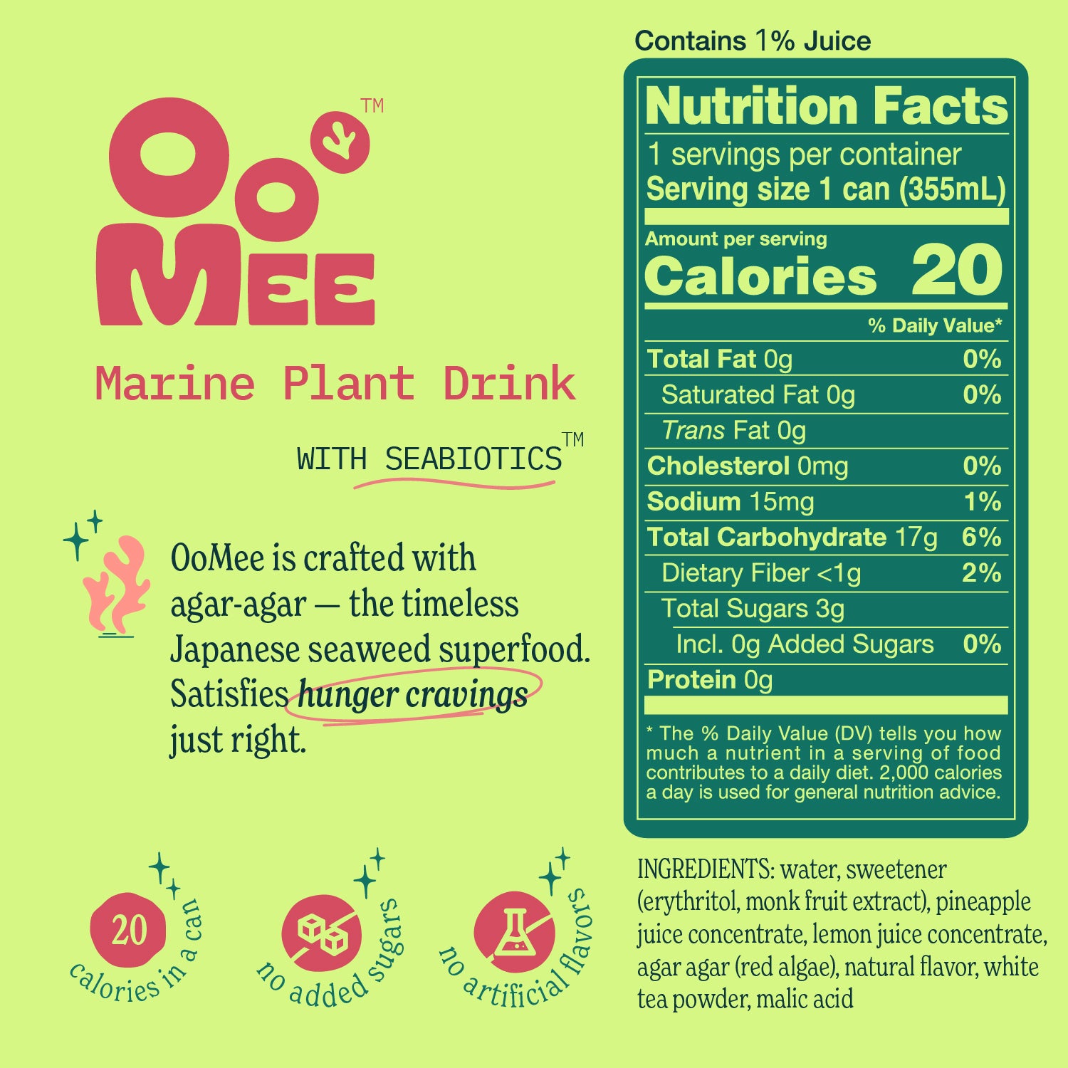 OoMee Marine Plant Drink nutrition label and highlights for the Peach & Lemon flavor on a light yellow background. The left side features the OoMee logo in red, the phrase “Marine Plant Drink with Seabiotics™,” and a short description: “OoMee is crafted with agar-agar — the timeless Japanese seaweed superfood. Satisfies hunger cravings just right,” with "hunger cravings" circled. Below are three icons stating: 20 calories in a can, no added sugars, and no artificial flavors. 