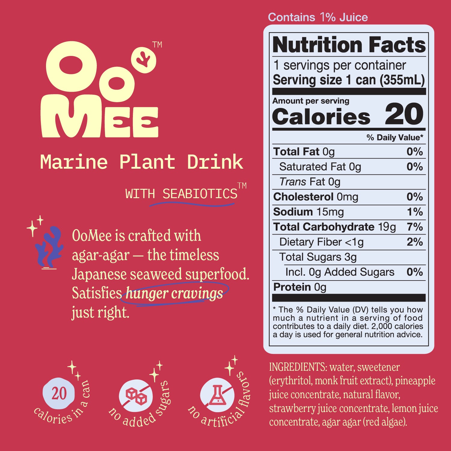 OoMee Strawberry & Hibiscus nutrition panel on a red background. Promotes agar-agar as a Japanese seaweed superfood that helps curb hunger cravings. Icons highlight 20 calories, no added sugars, no artificial flavors. Nutrition Facts show 20 calories, <1g fiber, 3g total sugars, and 0g added sugars. Ingredients include agar agar (red algae), strawberry and pineapple juice concentrate.