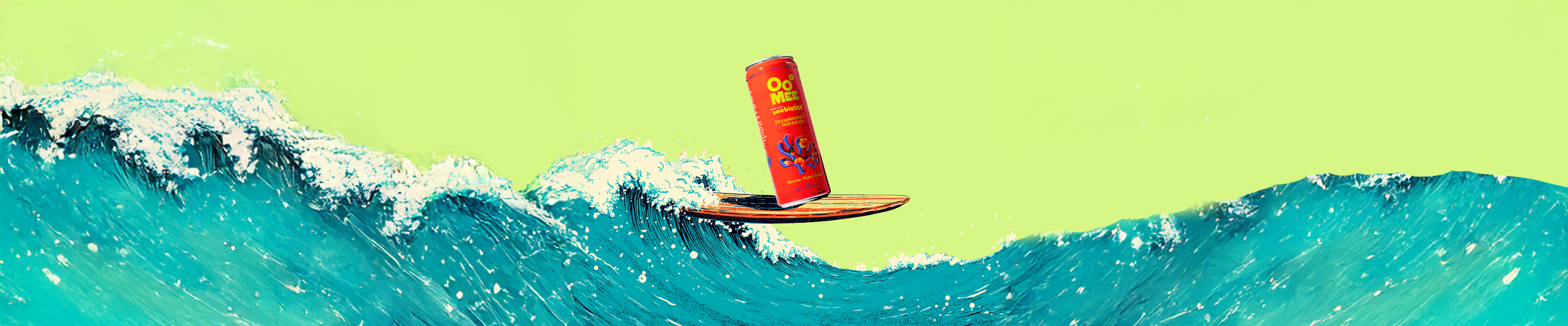 A can of OoMee Strawberry & Hibiscus seaweed drink riding a stylized ocean wave on a surfboard. The background is bright green, and the wave is illustrated in vibrant blue with white splashes.