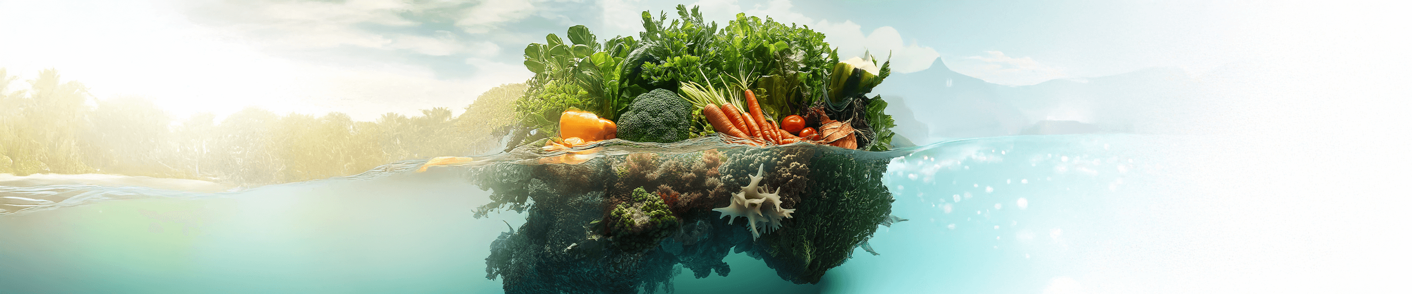 Banner Image of Vibrant Vegetables and Marine Plants Displayed Horizontally, with Marine Plants Partially Submerged Underwater, Representing the Fusion of Land and Sea Ingredients for Everyday Health.